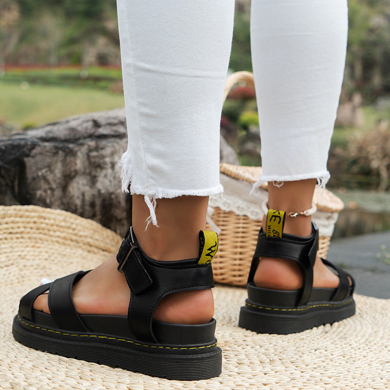 Summer Thick-soled Cross-strap Solid Color Buckle Plus Size Hollow-out Roman Style Sandals