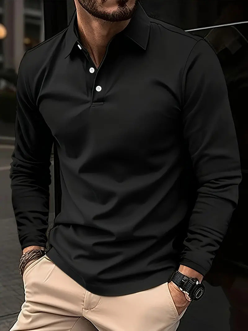 Buckle European And American Men's Daily Casual Polo Collar Long Sleeve Polo Wear