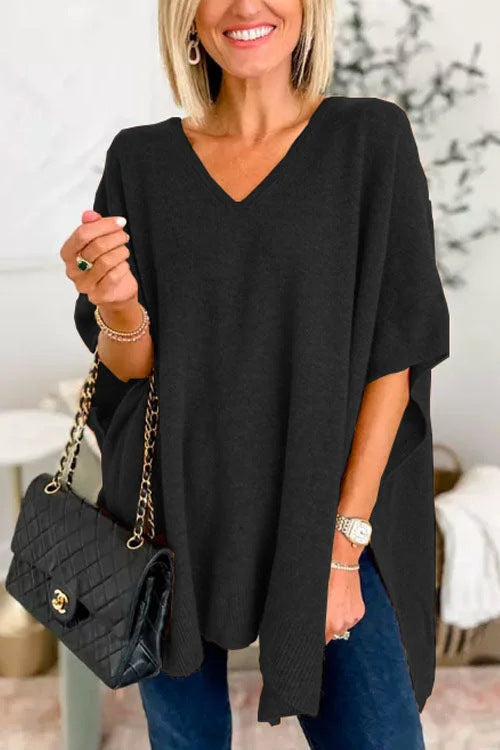 Batwing Sleeve Knitted Outer Solid Color And V-neck Pullover Loose Sweater