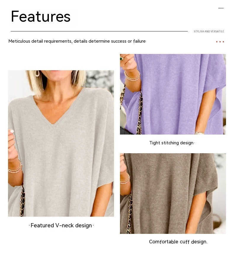 Batwing Sleeve Knitted Outer Solid Color And V-neck Pullover Loose Sweater