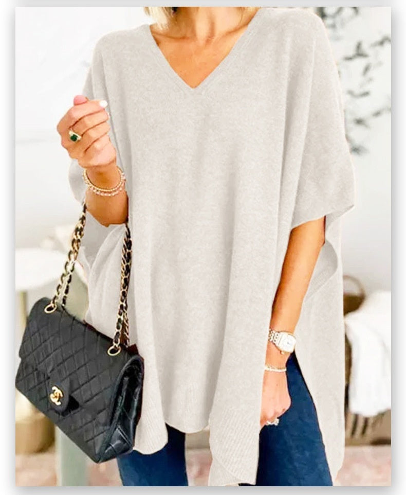 Batwing Sleeve Knitted Outer Solid Color And V-neck Pullover Loose Sweater