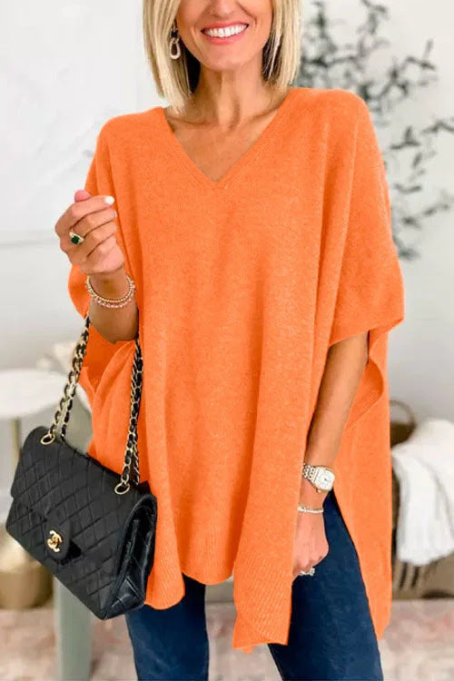 Batwing Sleeve Knitted Outer Solid Color And V-neck Pullover Loose Sweater