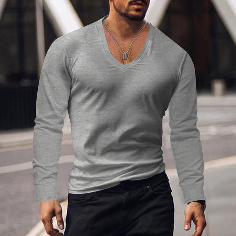 Men's Summer Long-sleeve Top Bottoming Shirt V-neck T-shirt