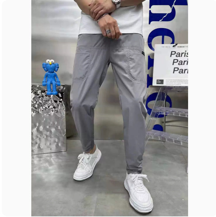 Men's Ice Silk Stitching Six-pocket Embroidery High Elastic Casual Pants