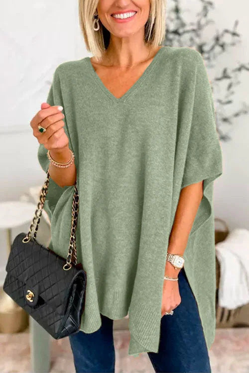 Batwing Sleeve Knitted Outer Solid Color And V-neck Pullover Loose Sweater