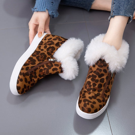 Leopard Print Women's Flat Round Toe Cotton Shoes