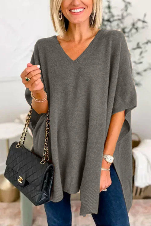 Batwing Sleeve Knitted Outer Solid Color And V-neck Pullover Loose Sweater