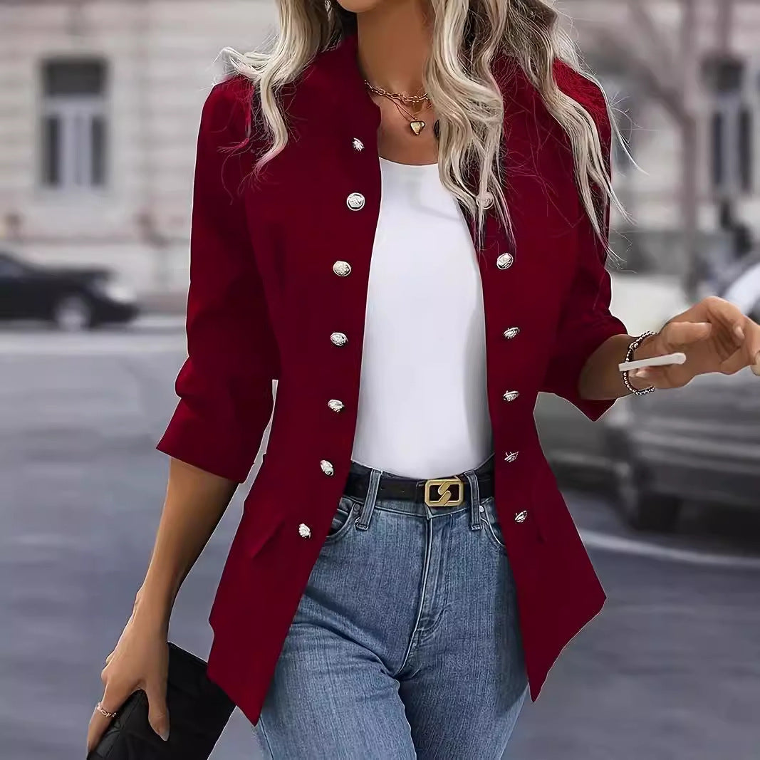 Winter Fashion Solid Color Stand Collar Double Breasted Cardigan Jacket