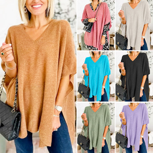 Batwing Sleeve Knitted Outer Solid Color And V-neck Pullover Loose Sweater