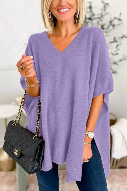 Batwing Sleeve Knitted Outer Solid Color And V-neck Pullover Loose Sweater