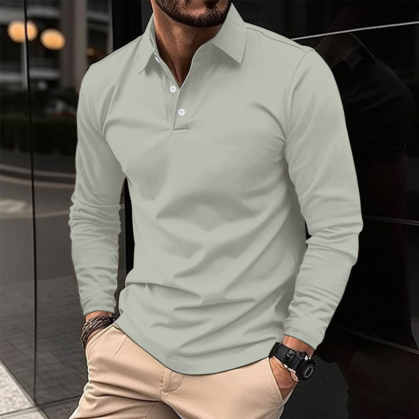 Buckle European And American Men's Daily Casual Polo Collar Long Sleeve Polo Wear